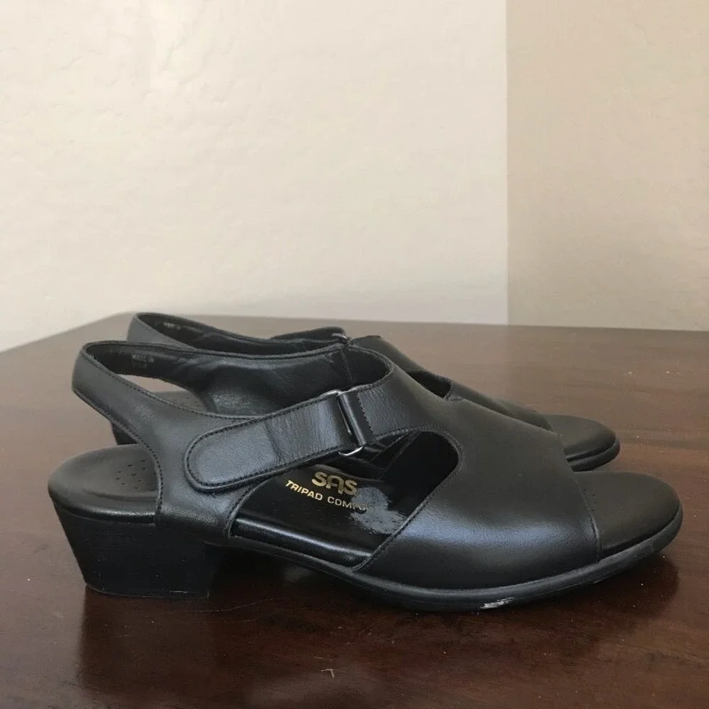 Sas Tripad Comfort Womens Slingback Sandals Black Low Block Heel Hook & Loop 9 N